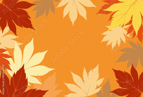 Autumn Leaves Border with Vibrant Fall Foliage in Warm Orange, Red, and Yellow Shades Creating a Cozy Seasonal Frame on a Bright Orange Background