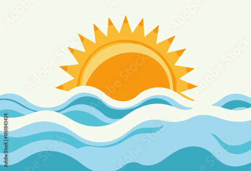 Vibrant Sunrise Illustration with Bold Sun Rays Rising Above Abstract Blue Waves Depicting a Serene and Energetic Horizon in Minimalist Style Art