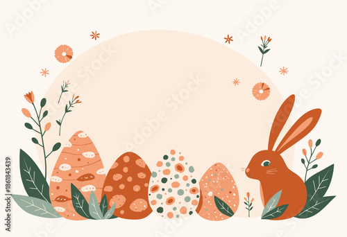 Colorful Easter Bunny with Decorative Eggs and Floral Elements on a Soft Background
