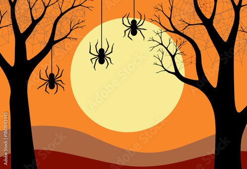 Silhouetted Spiders Hanging from Bare Trees Against a Large Full Moon on an Autumn Night