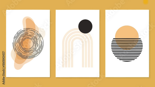 Modern abstract art prints with geometric shapes and neutral tones