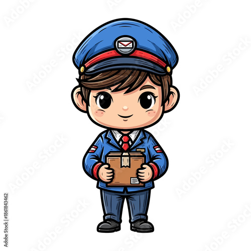 Cartoon Mailman Holding Envelope Package.