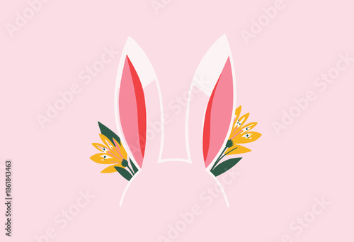 Minimalist Rabbit Ears with Spring Flowers Illustration on a Pastel Pink Background Capturing a Whimsical and Playful Easter Theme