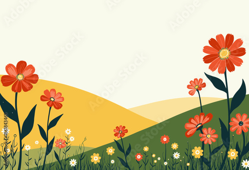 Vibrant Illustration of Blooming Wildflowers on Rolling Hillside with Golden and Green Background Enhancing the Natural Beauty of Bright Red and White Flowers in the Foreground