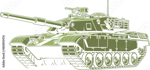 Modern military battle tank detailed line art illustration showcasing armored vehicle design, heavy weapon system, tracked combat machine vector artwork