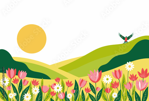 Vibrant Spring Landscape with Blooming Tulips and Daisies Under Clear Skies and a Soaring Bird in a Colorful Garden Scene
