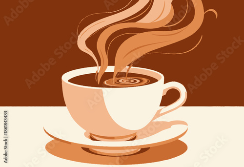 Abstract Illustration of a Steaming Hot Coffee Cup with Swirling Vapor, Sitting on a White Saucer Against a Warm Brown Background
