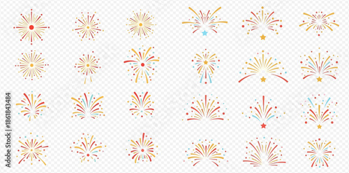 Collection of vibrant fireworks and festive explosion elements for celebration designs.
