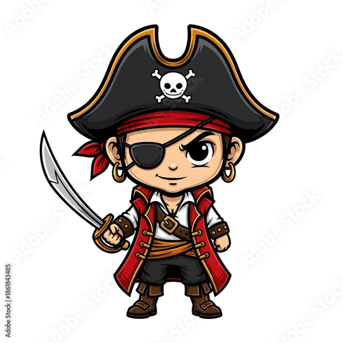 Cartoon Pirate Character with Eye Patch and Sword.