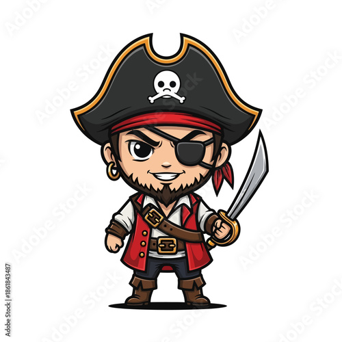 Cartoon Pirate Character with Sword and Hat.