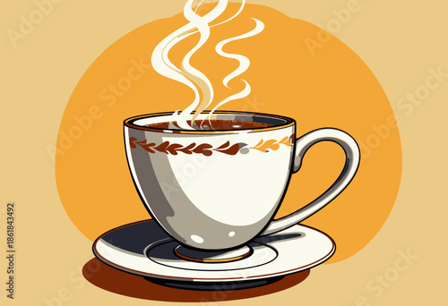A warm steaming cup of aromatic coffee in a classic white mug with decorative accents resting on a matching saucer against an inviting orange backdrop
