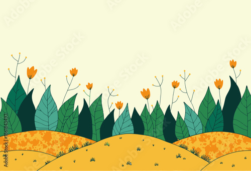 Vibrant Floral Landscape with Orange Blossoms and Lush Greenery Against a Calm Beige Sky in Illustrative Style