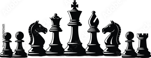 Black chess pieces silhouette lineup illustration featuring king queen rook bishop knight pawns strategic game concept vector design
