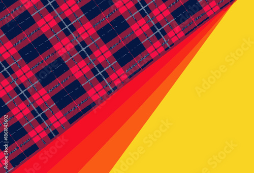 Vibrant Tartan Pattern Fabric with Layered Red and Yellow Abstract Background Design in a Geometric and Colorful Artistic Composition