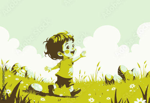 Joyful Child Running Through Sunny Field with Colorful Easter Eggs Surrounded by Lush Green Grass and White Daisies Under a Clear Blue Sky