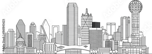 Dallas Texas city skyline line art illustration featuring modern skyscrapers, Reunion Tower landmark, urban architecture panorama, detailed outline vector design