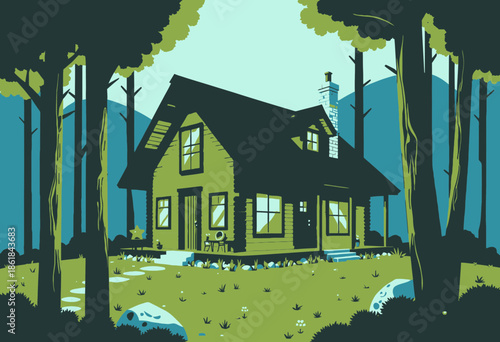 Charming Wooden Cabin Retreat Nestled in Tranquil Forest with Greenery and Flowering Meadow Under Clear Blue Sky and Tall Evergreen Trees