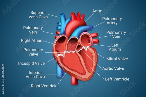 Detailed human heart anatomy illustration isolated on a dark background, with labeled structures like the aorta, ventricles, and valves. Ideal for medical presentations and educational content