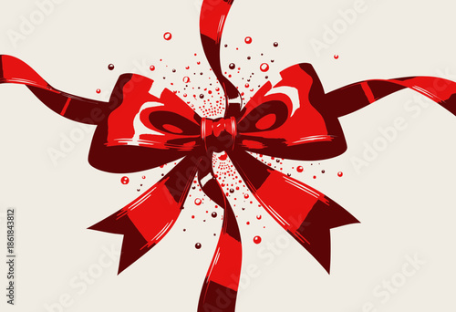 Elegant Red Ribbon Bow with Festive Decorations and Sparkling Elements on a Light Background Creating a Joyful Holiday Imagery Perfect for Celebrations