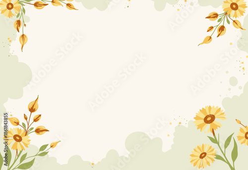 Elegant floral border with delicate yellow flowers and green leaves on a soft pastel background creates a serene and natural decorative frame for various purposes