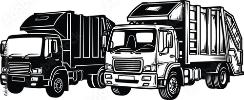 Garbage collection trucks line art illustration featuring modern waste management vehicles, industrial sanitation transport, and municipal recycling service design