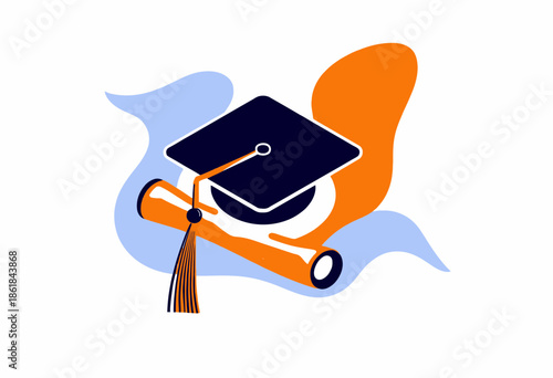 Illustrative representation of educational achievement featuring a graduation cap and diploma symbolizing academic success and scholarly accomplishment