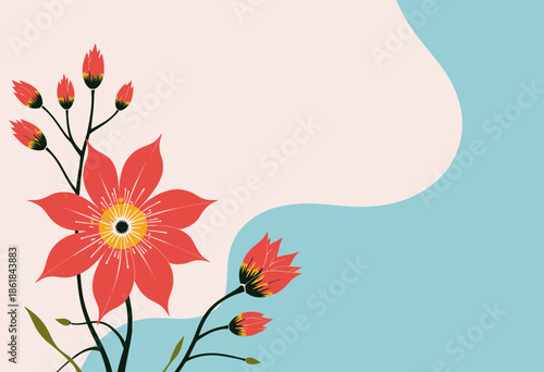 Vibrant Floral Illustration featuring Red Petals and Buds against a Minimalistic Blue and Beige Background with Elegant Flowing Curves