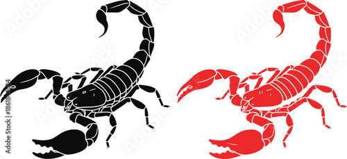Black and red scorpion silhouette vector illustration showing venomous arachnid symbols, dual color design isolated on white background