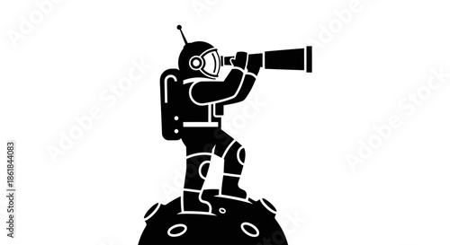 An astronaut in a spacesuit looking through a telescope on a distant planet
