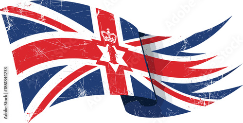 Stylized waving United Kingdom flag illustration with grunge texture, dynamic Union Jack design symbolizing British identity patriotism and national pride
