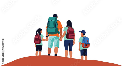 A family of four wearing backpacks stands on a hill together outdoors