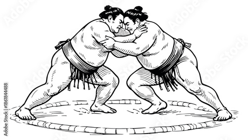 Hand drawn line art illustration of two sumo wrestlers depicting grappling in a match for a sports event