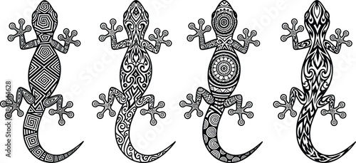Black and white tribal lizard and gecko silhouette set with intricate ethnic patterns, decorative ornamental reptile vector illustrations isolated on white background