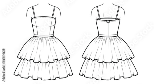 A detailed line drawing of a dress from front and back views