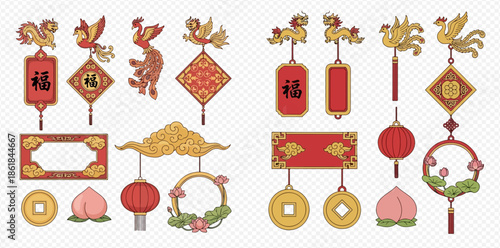 Chinese New Year traditional decorations set with festive elements and symbols of good fortune.