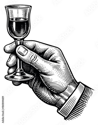 Engraving style illustration of a hand depicting holding a shot glass for beverage and bar designs
