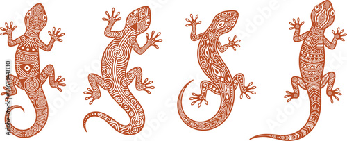 Decorative tribal lizard illustration set with hand drawn ethnic patterns, stylized reptile silhouettes in warm earthy tones isolated on white background