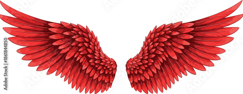Red angel wings illustration with detailed feathers, symmetrical fantasy design symbolizing freedom power protection and spiritual energy isolated on white background
