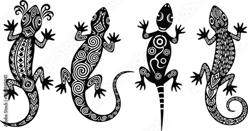 Black and white decorative lizard silhouette set with tribal ornamental patterns, ethnic tattoo style reptile illustrations isolated on white background
