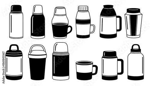 Collection of various beverage containers including thermoses, mugs, and flasks, showcasing diverse shapes and designs, perfect for outdoor activities and daily hydration needs