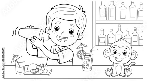 Young boy with light hair shaking a cocktail shaker at a bar, surrounded by colorful drinks and a playful monkey, creating a fun and lively atmosphere for children