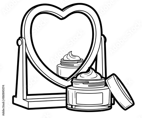 Heart-shaped mirror reflects a cosmetic jar with cream, showcasing beauty products for Valentine's Day, perfect for self-care and romantic gifting ideas