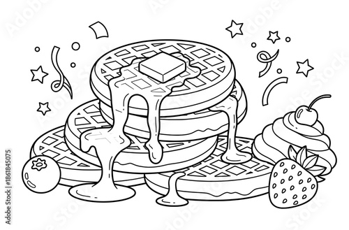 Stack of delicious waffles with melting butter, syrup dripping down, surrounded by fresh strawberries, blueberries, and whipped cream, perfect for breakfast or dessert illustration