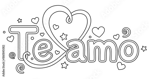 Hand-drawn illustration featuring the phrase Te amo surrounded by hearts and stars, perfect for Valentine's Day celebrations and expressing love and affection in a creative way