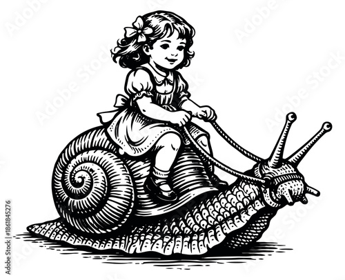Vintage line art illustration of a little girl riding a snail depicting a whimsical journey for children's fantasy