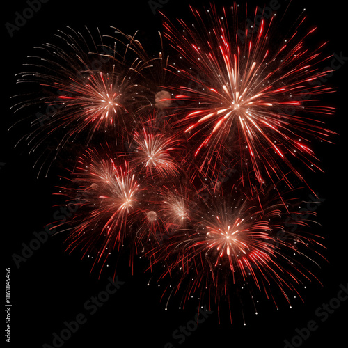 Vibrant red fireworks exploding in night sky with bright sparks