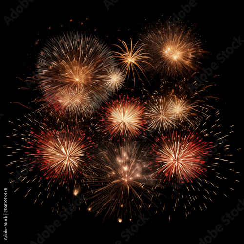 Vibrant fireworks exploding in the night sky with bright red and orange sparks