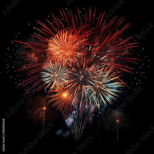 Vibrant fireworks explode in night sky with colorful bursts of light