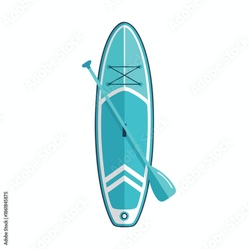 A blue paddleboard with paddle in a flat design against a white background