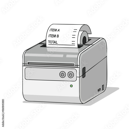 Illustration of a receipt printer with a printed receipt and power buttons